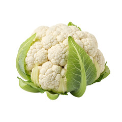 Fresh Cauliflower Head with Green Leaves Isolated on White Background.