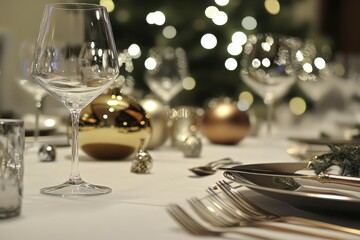 Elegant holiday table setting with glassware and festive decorations in soft focus holiday lights