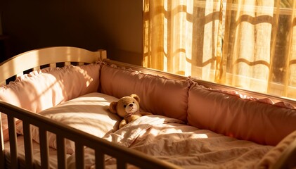 Cozy baby crib bathed in warm sunlight