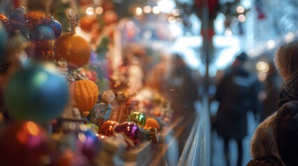 Obraz premium Vibrant christmas market decorations with colorful ornaments and festive atmosphere