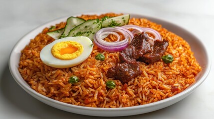 Jollof rice dish with egg and vegetables