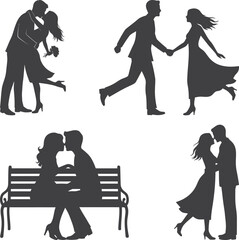 Silhouettes of couples in love, kissing, holding hands, and sitting on a bench suitable for valentine design and gift card