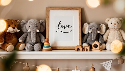 Cozy Nursery Shelf Decor with Stuffed Animals and Love