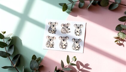Cute Koala Stickers on Pastel Background with Eucalyptus