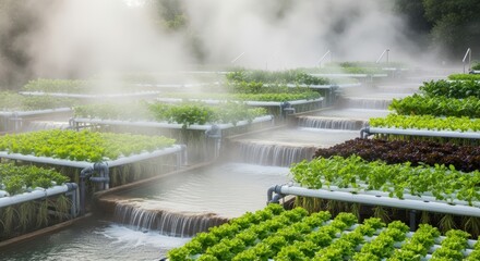 Lush green hydroponic farm with cascading water and mist, a vision of sustainable agriculture.