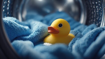 Yellow rubber duck inside a washing machine with blue towels
