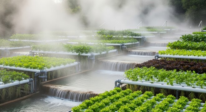 Lush green hydroponic farm with cascading water and mist, a vision of sustainable agriculture.