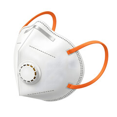 White N95 Respirator Mask with Orange Ear Loops and Valve.