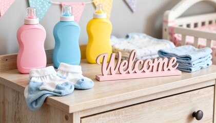 Adorable Nursery Setup with Baby Essentials and Welcome Decor