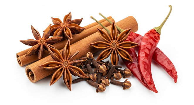 Close-up of a few vibrant, whole spices (e.g., star anise, cinnamon sticks, whole cloves, dried chili peppers) artfully arranged on a clean white background. Focus on their intricate textures and rich