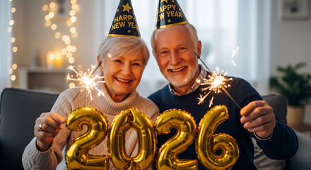 Happy Senior Couple Celebrating New Year 2026 with Sparklers