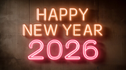 Vibrant neon sign illuminates happy new year 2026 on a brick wall