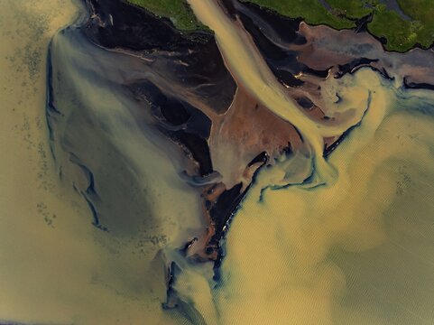 River, river course, river delta, branches, aerial view, wild river, summer, marshland, sediments, sulphur, South Iceland, Iceland