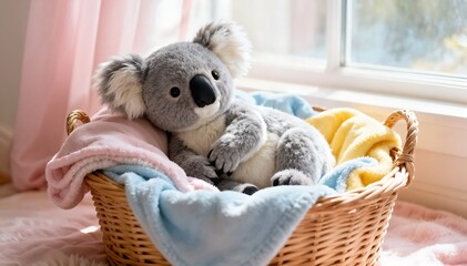 Cute Koala Plush Toy Nestled in Soft Basket