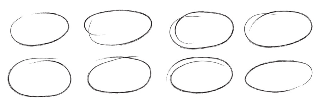Hand drawn circle highlighter line sketch set. Vector marker circular lines, doodle round circles for message note mark design element. Pencil or pen bubble sketch set. Vector illustration