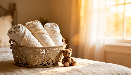 Warm Sunlight Illuminates Rolled Towels and a Small Bear