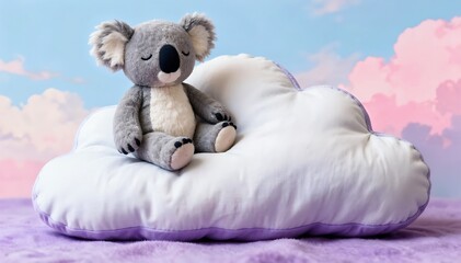 Adorable koala plush resting peacefully on a fluffy cloud