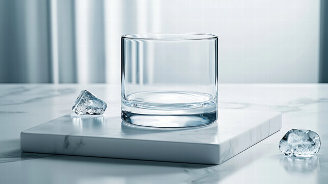 Empty glass tumbler on marble board with melting ice cube, minimal modern beverage still life, cool serene atmosphere