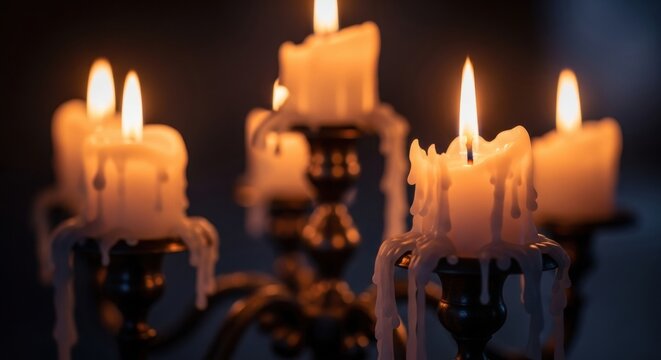 A close-up of an antique candelabra with several burning candles, their warm flames illuminating the darkness and melted wax dripping down the sides in a mysterious atmosphere