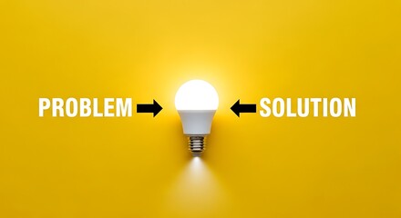 A bright light bulb illuminates the words problem and solution on a vibrant yellow background