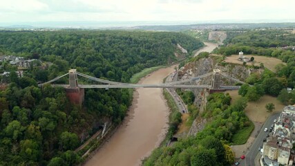 Bristol UK: 28th July 2025: Drone view of Clifton Suspension Bridge under restoration with scaffolding over the River Avon (view of Avon Gorge)