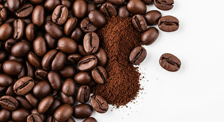 Abstract arrangement of fresh coffee beans, a single whole coffee bean, and a small amount of ground coffee, all on a bright white background. Focus on texture and contrast. Invigorating, aromatic, 