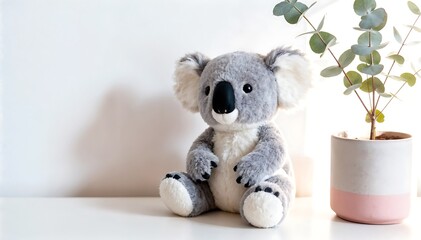 Sweet Grey Koala Toy Beside a Potted Eucalyptus Plant