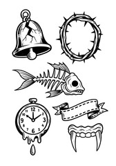 Old School Tattoo Elements Collection: Cracked Bell, Fish Skeleton, Melting Clock, Crown of Thorns, and Vampire Fangs Vector Set