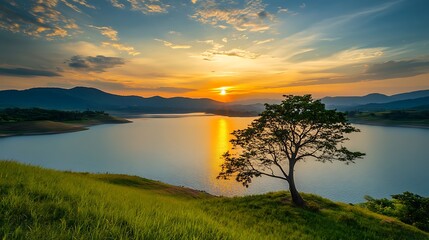Stunning sunset over a peaceful lake surrounded by majestic mountains with a solitary tree on a grassy hill