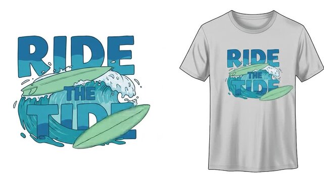 Illustration of "Ride the Tide" text with surfboards and waves, also shown on a t-shirt