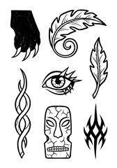 Black and White Tattoo Flash Set: Hand-Drawn Collection of Tribal Symbols, Mystic Eye, Claw, Tiki Mask, and Feather Designs