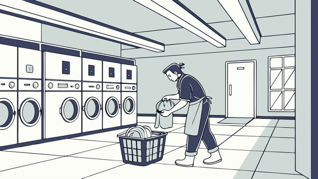 Laundry service with a worker folding freshly cleaned clothes in a laundromat