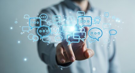 A person in a shirt points their finger at a floating digital interface of glowing blue speech bubble icons, interacting with a futuristic communication and messaging network