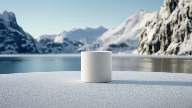 White ceramic mug steaming on frosted surface in cold snowy mountain landscape with lake and peaks