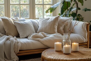 Create a cozy and stylish Scandinavian living room with natural decorating materials and a warm color scheme- perfect for showcasing home interior design concepts in a mockup with plenty of natural da