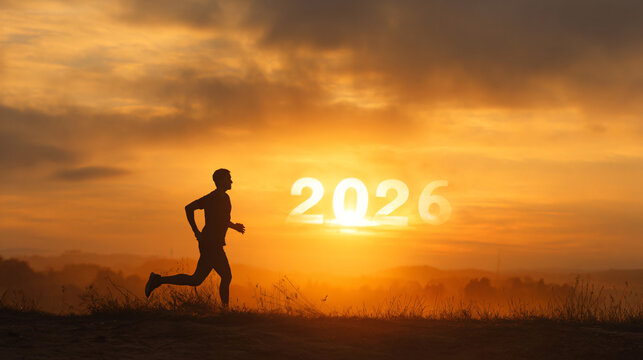 Runner silhouette at sunrise with glowing '2026' in sky, health and motivation concept, golden hour lighting, energetic mood.