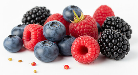  A few vibrant, fresh berries (e.g., blueberries, raspberries, blackberries) lightly tossed on a pure white background. Focus on their natural color, delicate skins, and small seeds. Sweet, juicy, hea