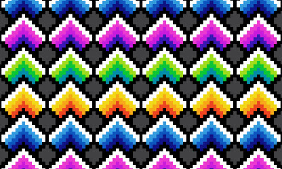 Colorful pixel art heart pattern background. The bold rainbow gradients.