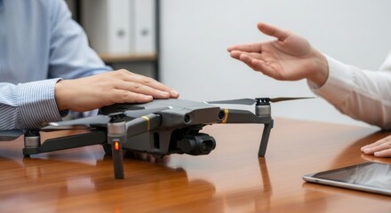 A sales representative explains the technical specifications of a professional quadcopter to a potential customer sitting at a wooden desk in a modern office