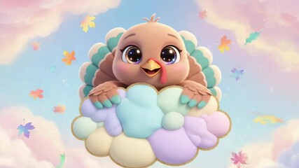 Cute cartoon turkey hugging a pastel cloud banner reading “happy thanksgiving” floating in a dreamy sky with rainbow leaves - Powered by Adobe