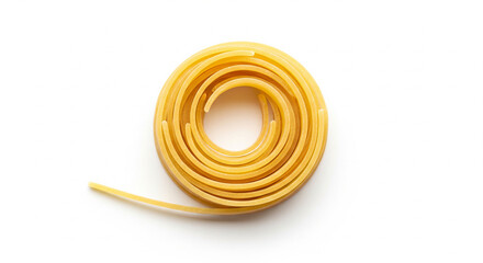  One long, dry spaghetti strand artfully curled into a simple, elegant swirl in the center of a pure white background. The texture of the pasta is clearly visible under even lighting. Pasta, staple.