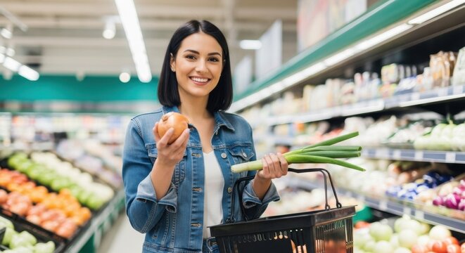 Portrait of a happy young woman in a denim jacket holding a shopping basket and choosing fresh vegetables like an onion and scallions in the produce section of a supermarket