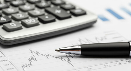 Close up of a calculator and pen resting on a financial report showing a fluctuating stock market graph and blue bar chart in the background
