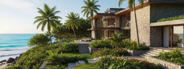 Modern tropical stone villa with ocean view and lush garden