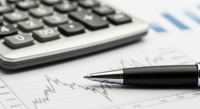 Close up of a calculator and pen resting on a financial report showing a fluctuating stock market graph and blue bar chart in the background