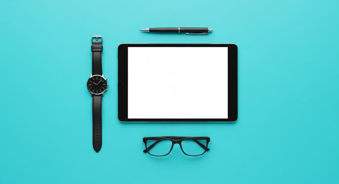Top view of essential modern business accessories including a tablet with blank screen, wristwatch, pen, and eyeglasses arranged on a bright cyan surface
