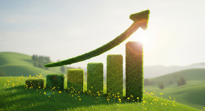 Green bar chart made of grass with an upward trending arrow symbolizing sustainable growth and positive environmental economic progress in a sunny field