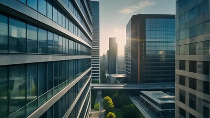 Dynamic urban landscape showcasing modern architecture with sleek glass facades reflecting the sky during sunset, highlighting a vibrant business district and future progress - Powered by Adobe