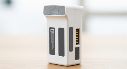 Closeup shot of a white intelligent flight battery for a modern compact drone resting on a wooden surface with a blurred background