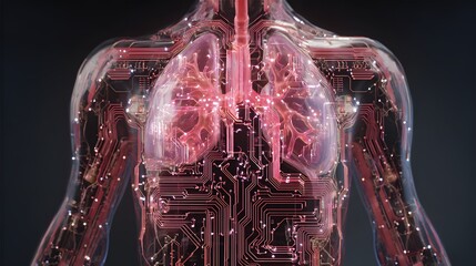A torso with transparent layers revealing stylized organs and circuit like networks concept of augmented biological systems
